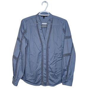 White House Black Market Women's Small Blue Button Down Peekaboo Sleeve Blouse
